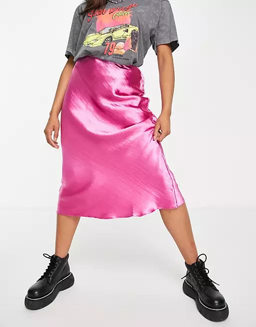 ASOS DESIGN  satin bias slip midi skirt in pop pink | ASOS (Global)