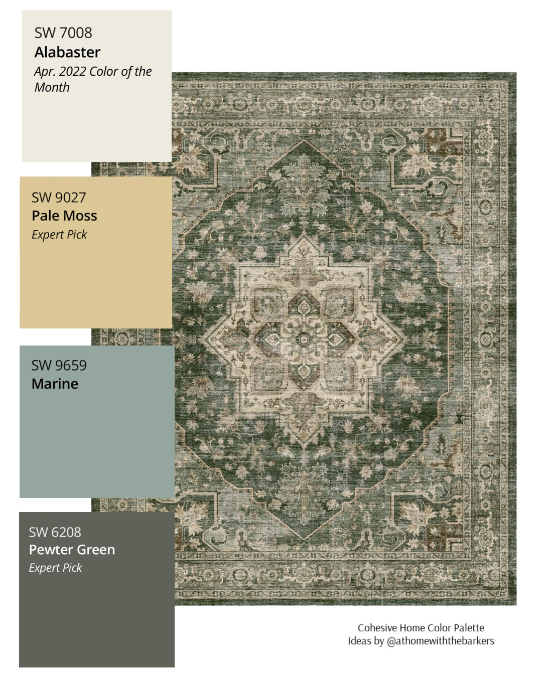 Green area rug and Sherwin Williams paint color scheme 

 #LTKHome #LTKSaleAlert