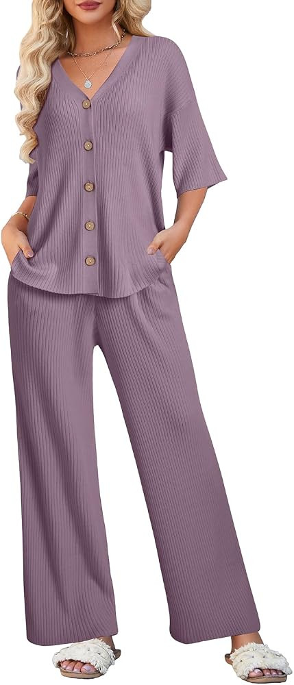 Arach&Cloz Womens 2 Piece Sets Spring Summer Outfits 2024 Short Sleeve Cardigan Sweaters Wide Leg... | Amazon (US)