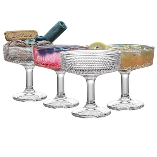 Vintage Cocktail Glasses Set of 4, Unique Embossed Floral Martini Glass, Classic Cocktail Galssware, Bar Drinking Glasses Set, Pefect for Dessert Cocktail, Wine, Champagne & Gift | Amazon (US)