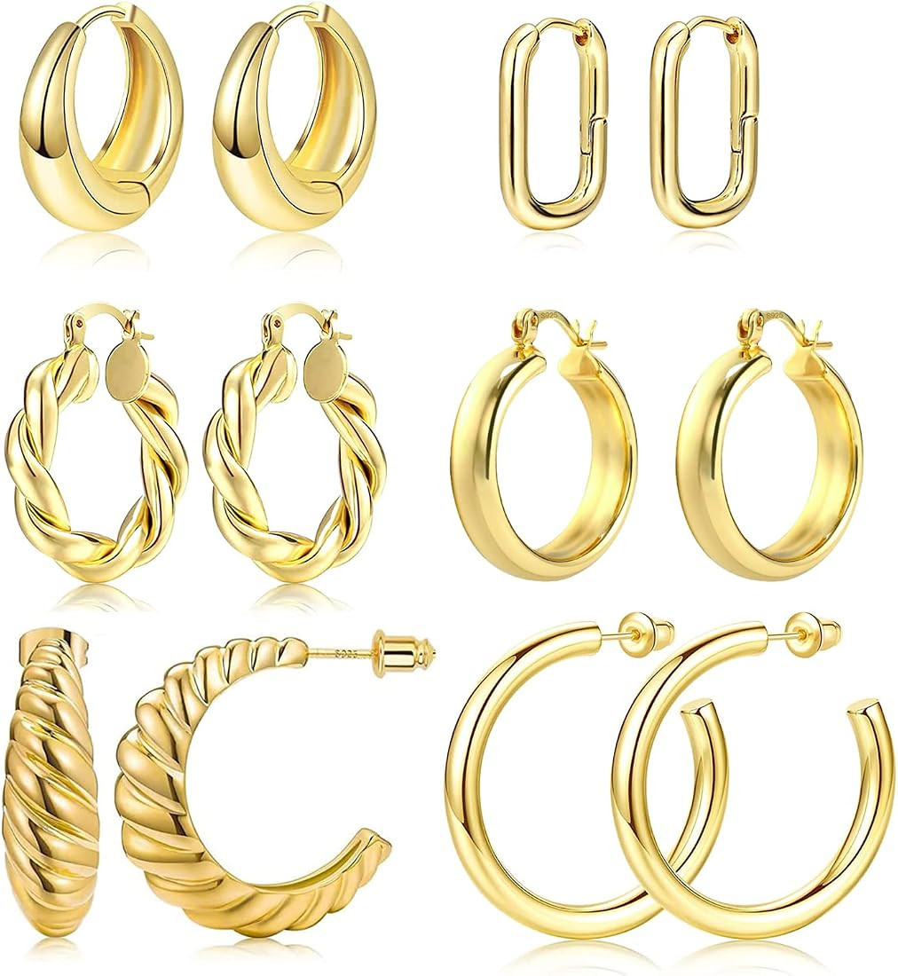 Gold Hoops 6 Pairs Chunky Hoop Earrings 14K Gold Plated Hoop Earrings Set Hoops Earrings for Women | Amazon (US)