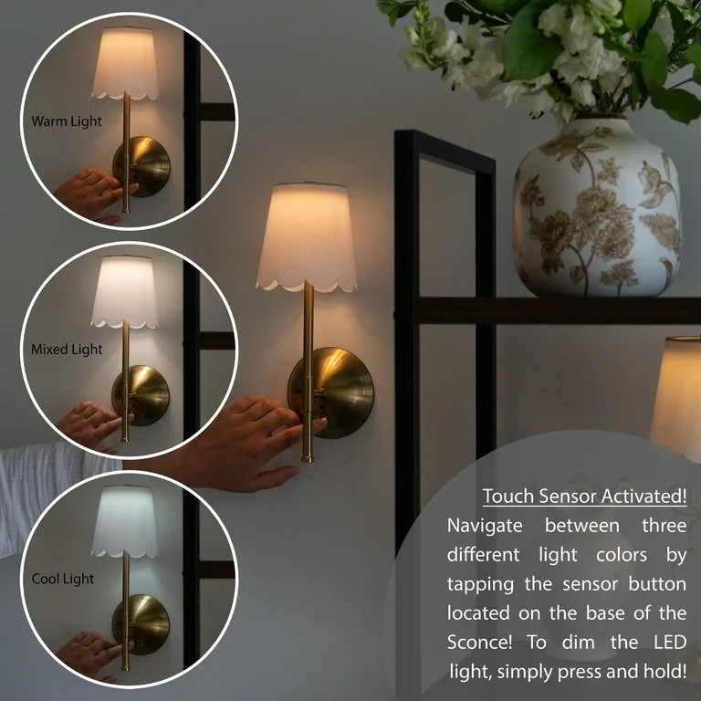 Home Decor Collection Cordless Brass Rechargeable Wall Sconce with Scalloped Fabric Shade and Rem... | Walmart (US)