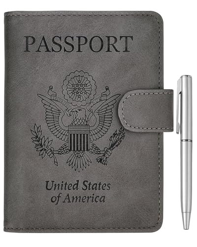 WALNEW Passport Holder for Travel, RFID Passport Cover Wallet for Women Men, PU Leather Passport Book Card Holder Case with Pen, Travelling Essentials for Flying (Buckle Closure, Buckle-Gray) | Amazon (US)
