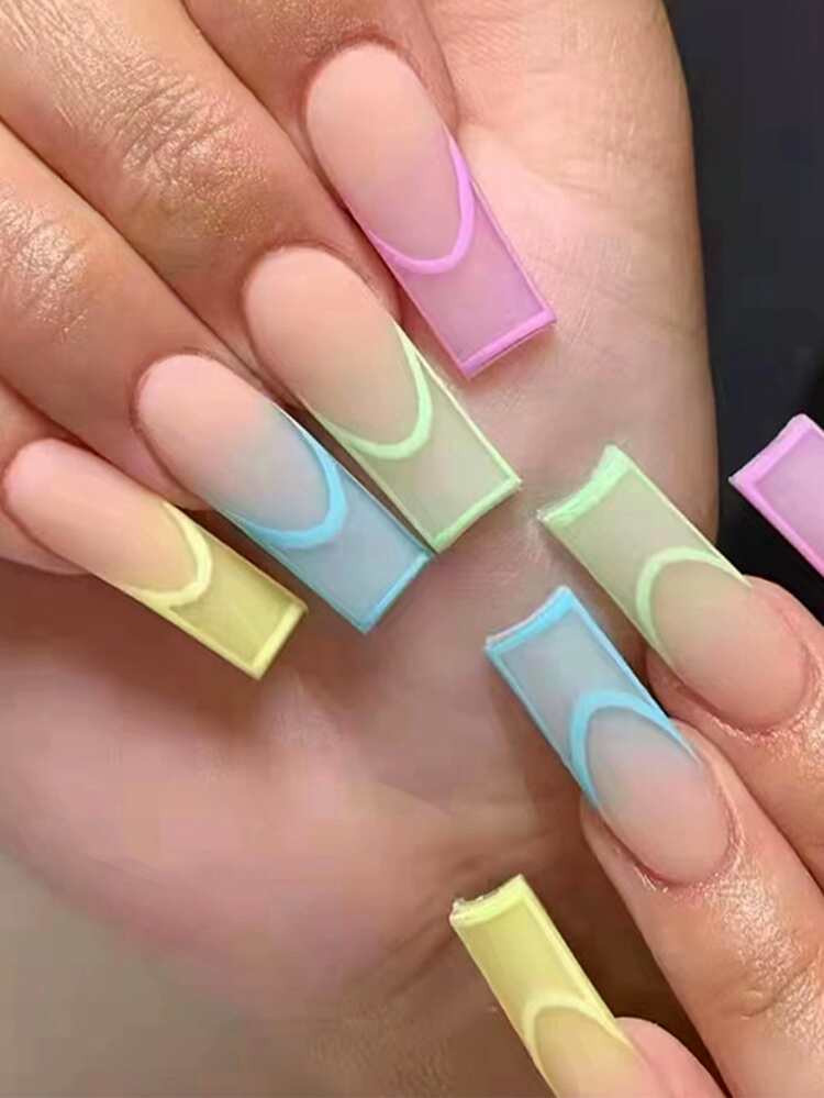 24pcs Long Coffin French Style Fake Nail & 1pc Nail File & 1sheet Nail Tape | SHEIN