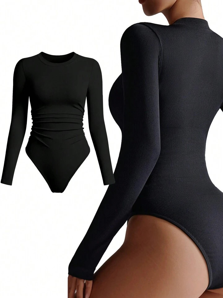 SHEIN Sport Studio Seamless High Elasticity Rib Knit Crew Neck With Pleated Side Long Sleeve Black Sports Bodysuit | SHEIN