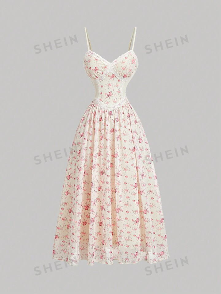 SHEIN MOD Summer Pink Romantic Ditsy Floral Printed Lace Trimming Women's Cami Sundress | SHEIN