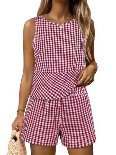 ANRABESS Womens 2 Piece Outfits Striped Summer Casual Sleeveless Tank Top Matching Shorts Lounge Sets Beach Vacation Clothes Red White Plaid Medium | Amazon (US)