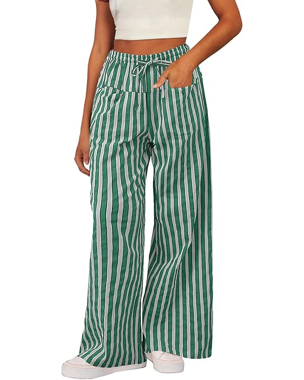Acelitt Women Casual Drawstring Elastic Waist Loose Wide Leg Striped Pants with Pockets, S-XXL | Amazon (US)