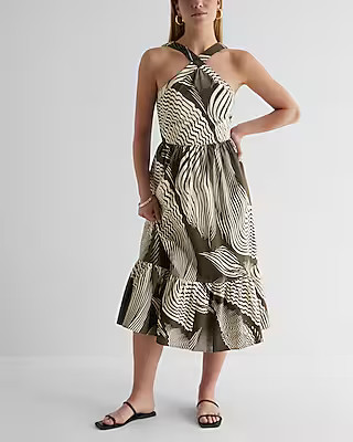 Printed Halter Neck Tiered Poplin Midi Dress | Express