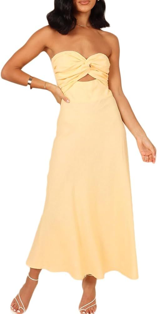 Fiemaoves Sexy Twist Front Strapless Sweetheart Neckline Midi Dresses for Women Smocked Cutout Tu... | Amazon (US)