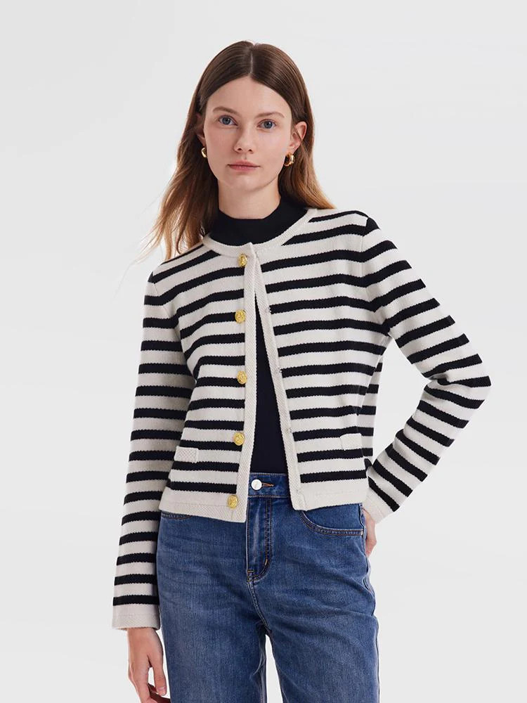 Button Up Woolen Striped Lady Cardigan | GOELIA