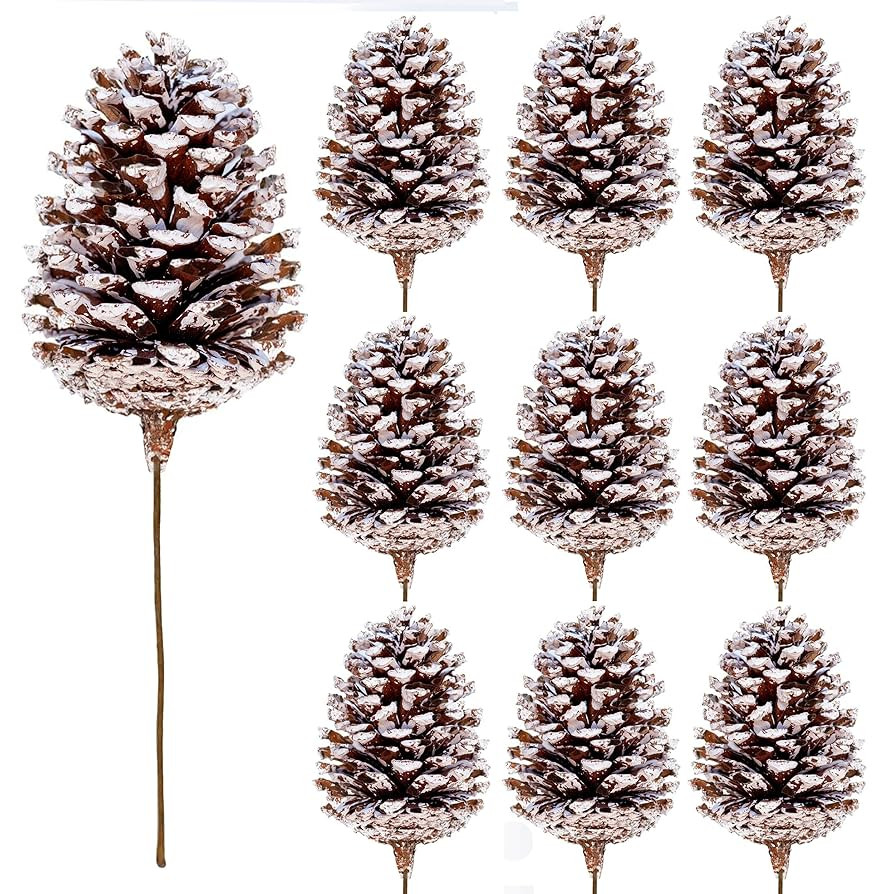 10 Pieces Large Christmas Pine Cones Decorations Picks - Frosted Snow Pine Cones for Christmas Tr... | Amazon (US)
