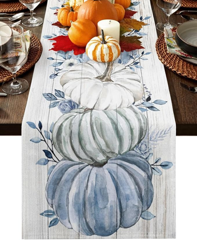 Fall Table Runner Blue Pumpkin Table Runners Harvest Thanksgiving White Blue Pumpkins Wooden Cott... | Amazon (US)