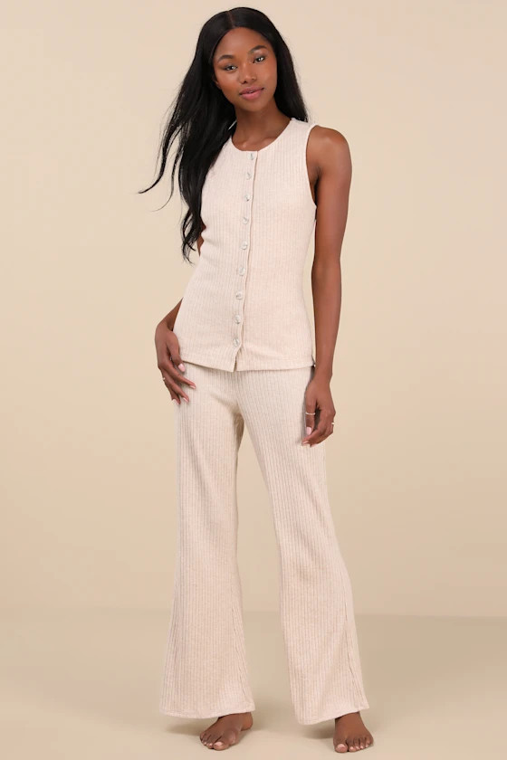 Raney Heather Beige Ribbed Knit Flare Lounge Pants | Lulus