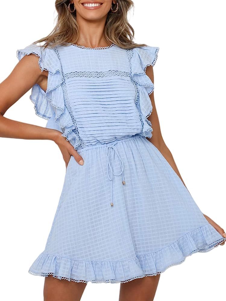Lenmotte Women's Summer Ruffle Backless Mini Dress Tie Back A Line Skater Cotton Short Dress | Amazon (US)