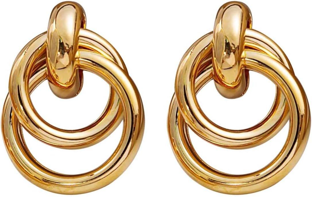 14K Chunky Gold Earrings Gold Geometric Drop Dangle Earrings for Women Large Hoop Gold Statement ... | Amazon (US)