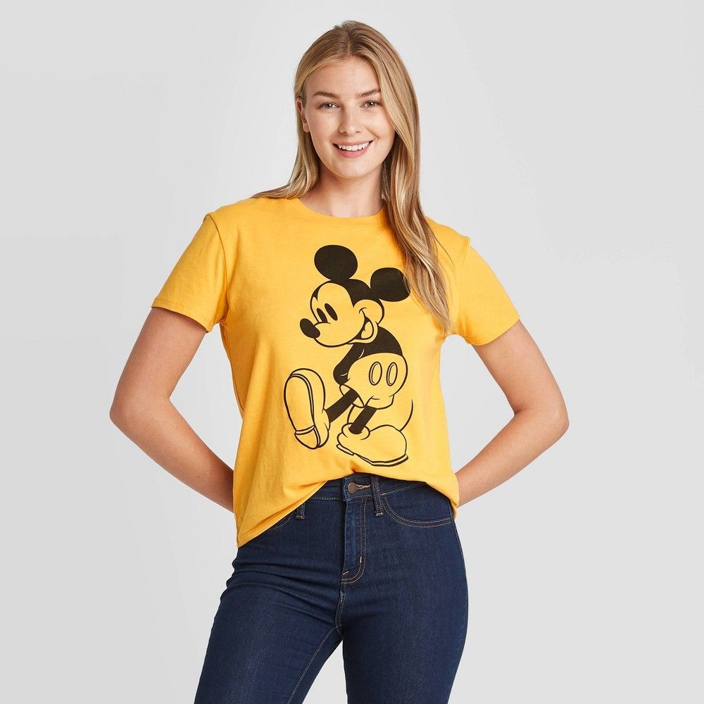 Women's Disney Mickey Short Sleeve Graphic T-Shirt - Yellow XS | Target