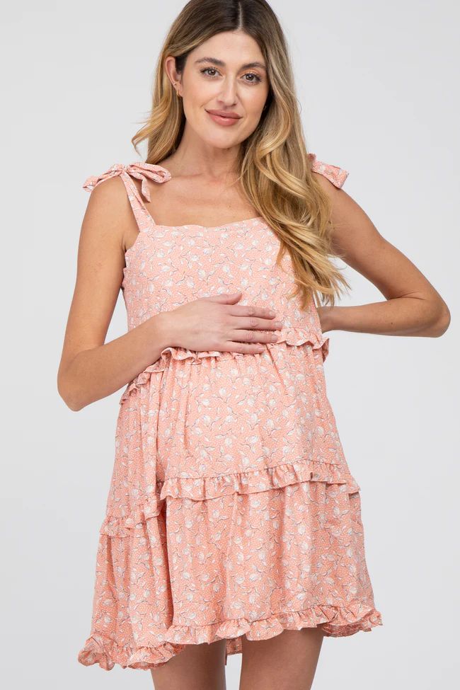 Peach Floral Tiered Maternity Mini Dress | PinkBlush Maternity