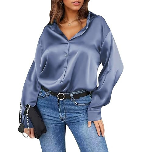 Damipow Satin Silk Button Down Shirts for Women Dress Shirts Long Sleeve Blouses Womens Shirt,Gray Blue,2XL | Amazon (US)