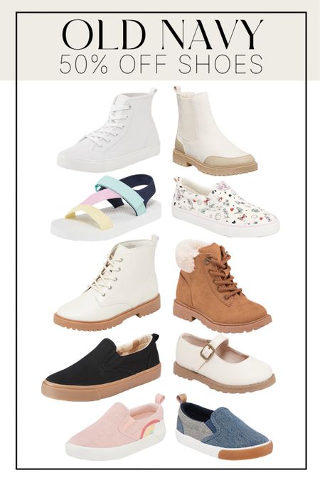 Old navy has 50% off shoes for the whole family!! These are just a few of the kids shoes that are on sale! 😍 We especially love the white high top sneakers for cute casual outfits! 

#LTKkids #LTKunder50 #LTKSale