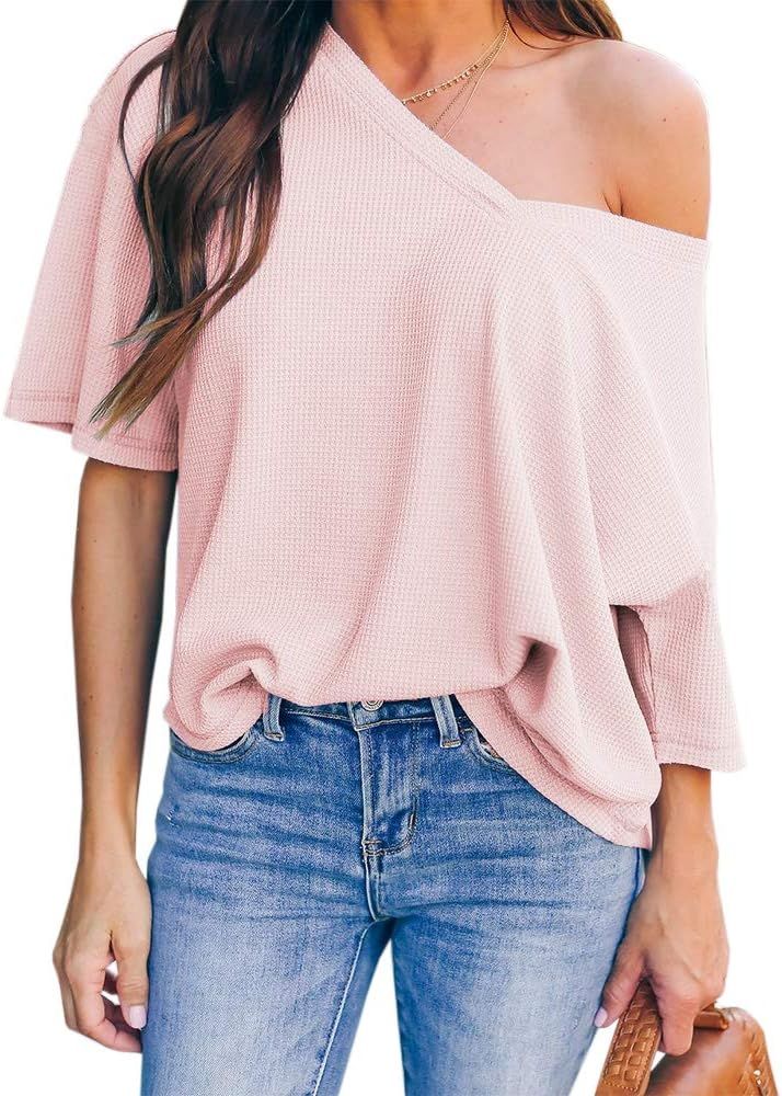 Womens Waffle Knit V Neck Tops Short Sleeve Off Shoulder T Shirt Oversized Casual Loose Fitting P... | Amazon (US)
