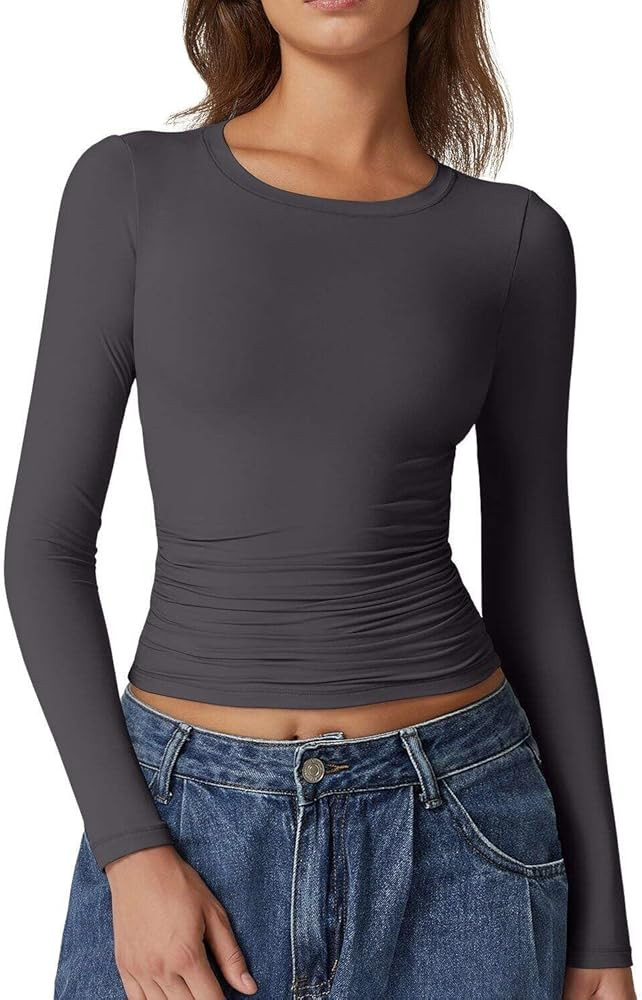 QINSEN Womens Crewneck Long Sleeve Shirt Double Lined Basic Tees Side Ruched Going Out Crop Tops | Amazon (US)
