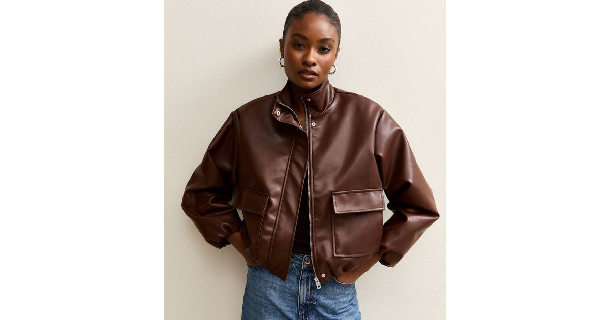 Dark Brown Faux Leather Funnel Neck Bomber Jacket | New Look | New Look (UK)