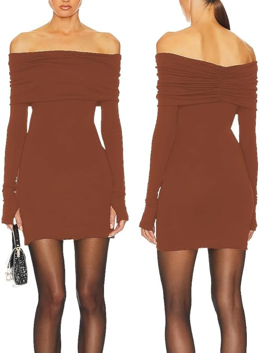 JLCNCUE Womens Off The Shoulder Long Sleeves Bodycon Mini Dress Elegant Ribbed Knit Club Party Sh... | Amazon (US)
