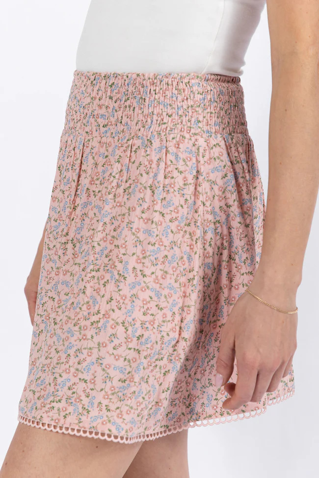 Through The Garden Pink Multi Floral Eyelet Trim Mini Skort | Pink Lily