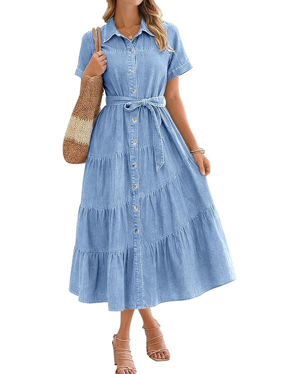 BerryGo Womens Summer Denim Shirt Dress Casual Belted Short Sleeve Button Down Flowy Midi Jeans D... | Amazon (US)