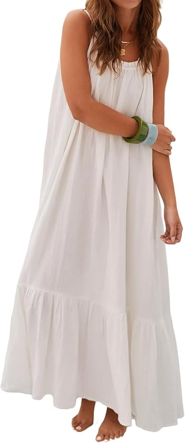 R.Vivimos Women's Summer Cotton Maxi Dress Adjustable Spaghetti Strap Boho Casual Backless Ruffle... | Amazon (US)