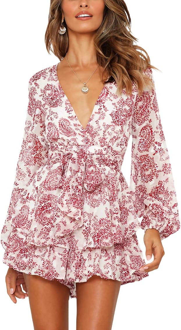 Relipop Women's Jumpsuit Floral Print V Neck Baggy Sleeve Waist Tie Double Layer Ruffle Hem Short Mi | Amazon (US)
