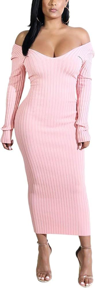 Women's Casual Off Shoulder Long Sleeves Slim Knit Bodycon Sweater Dress Midi Pencil Dress. | Amazon (US)