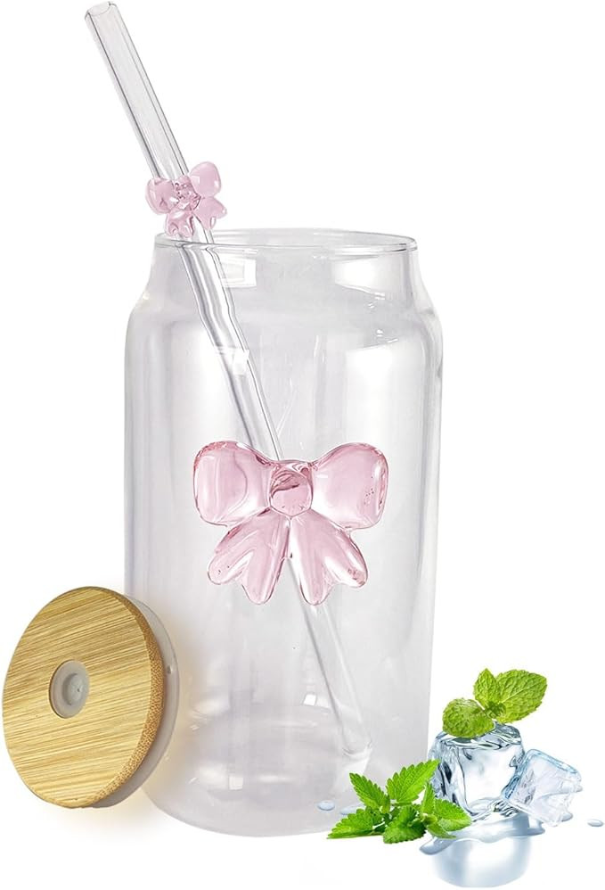 Aesthetic 3D Pink Bow Glass Cup with Bamboo Lid & Straw,16OZ Bows Glass Coffee Cups,Bow Tumbler f... | Amazon (US)