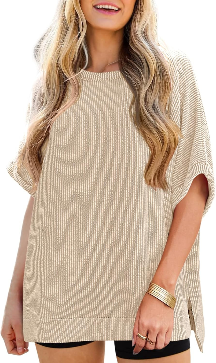 Tankaneo Womens Oversized T Shirts Summer Casual Ribbed Batwing Short Sleeve Tunic Tops Loose Fit Dolman Sleeve Tees | Amazon (US)