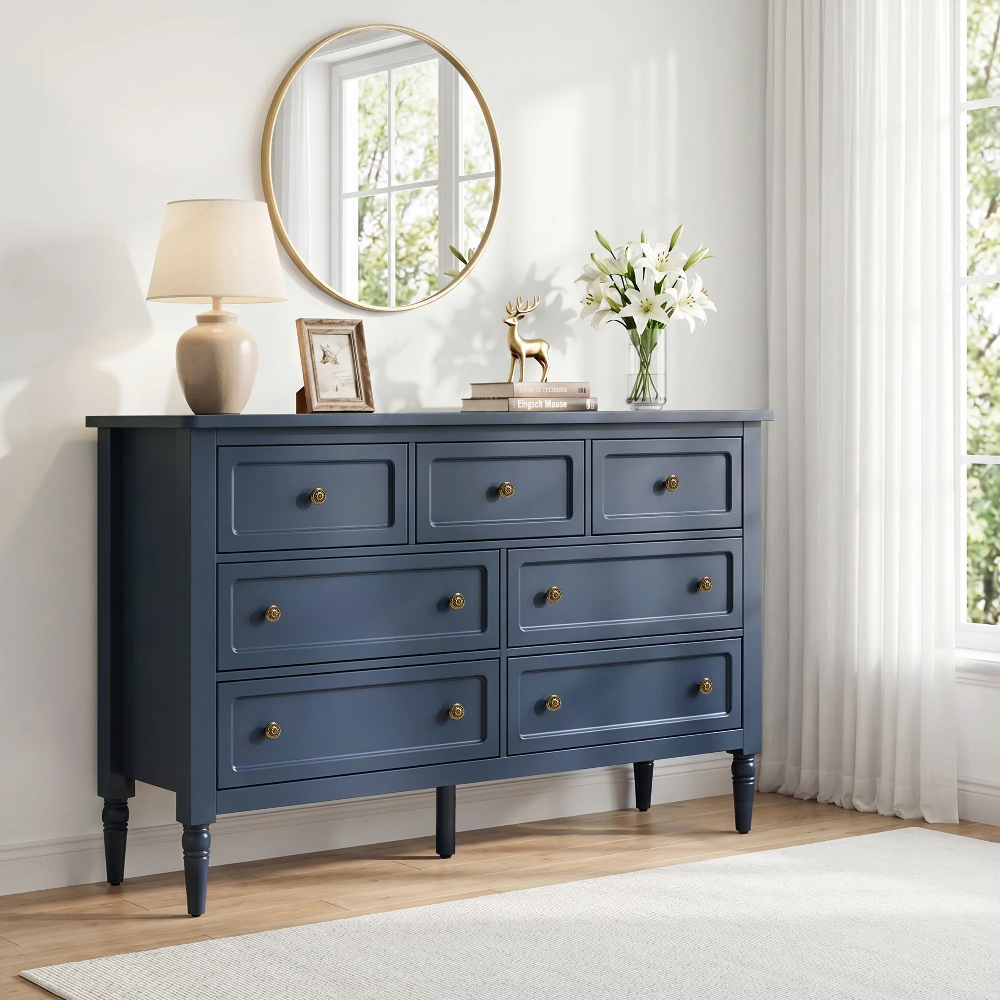 Classic 7-Drawer With Turned Spindle Legs & Antique Brass Knobs,53" W | Wayfair North America