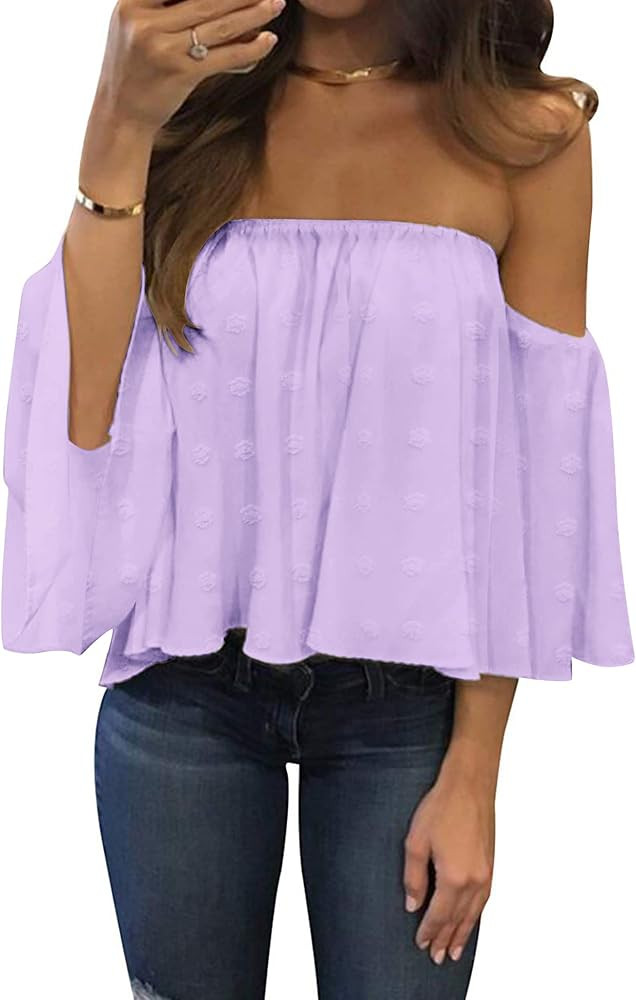 Bluetime Women Summer Off Shoulder Chiffon Blouses Ruffles Short Sleeves Sexy Tops Casual T Shirt... | Amazon (US)