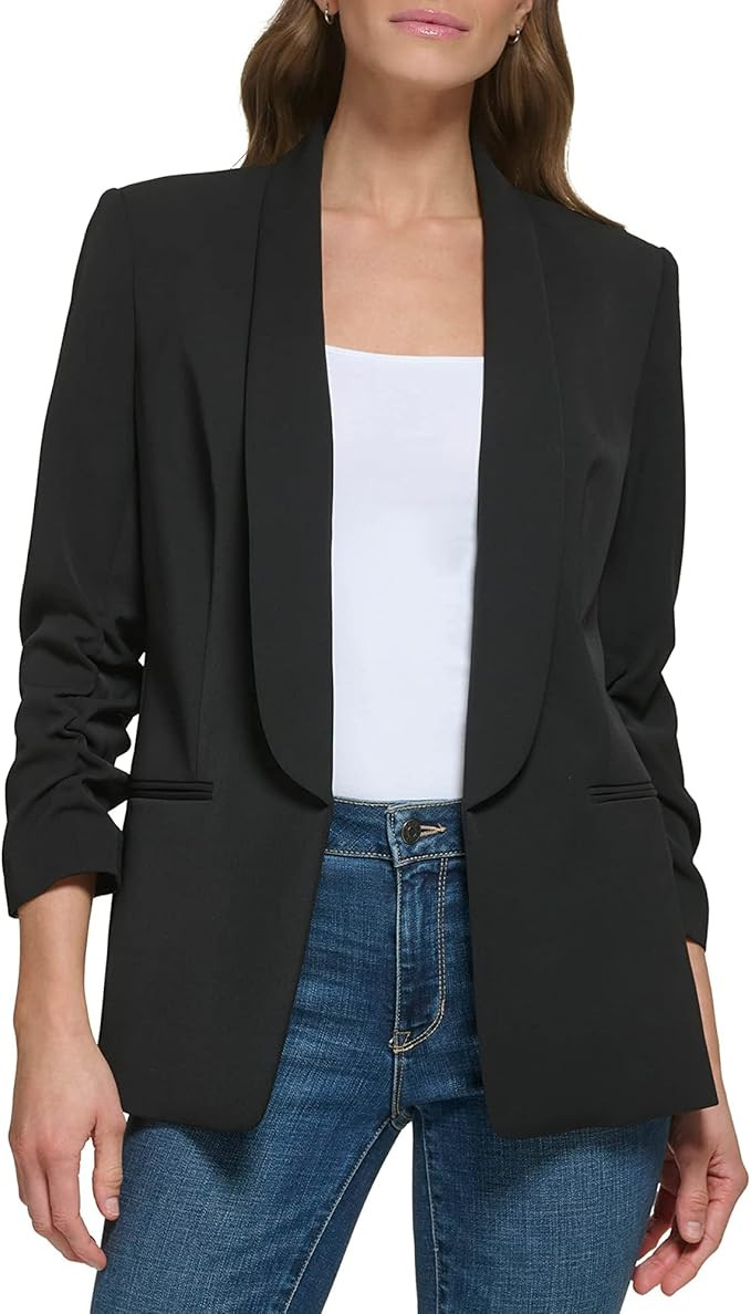 DKNY Shawl Collar Scrunch Sleeve Open Jacket Black 4 | Amazon (US)