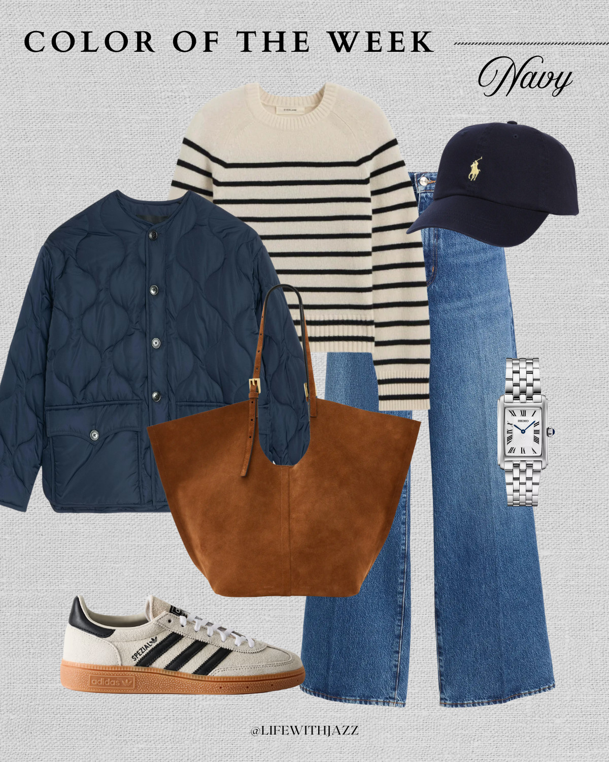 color of the week: navy 

winter outfit inspo / casual outfit / navy quilted collarless jacket / striped sweater / light blue wide leg jeans / cognac brown suede tote / adidas handball spezial sneakers / baseball cap / silver watch 

 

#LTKootd #LTKmomlife #LTKSeasonal