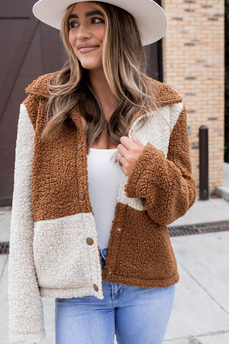 PRE-ORDER: Pumpkin Patch Toffee Sherpa Color Block Jacket | Apricot Lane Boutique