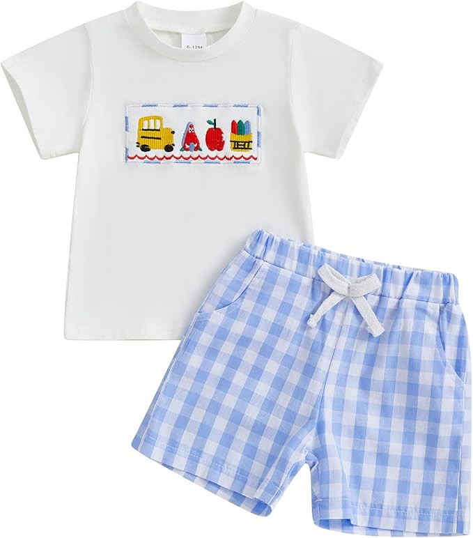 Baby Boy Summer Outfit Pencil Ruler Embroidery T-shirt Tops Short 2 Pcs Set Toddler Boy Back To S... | Amazon (US)