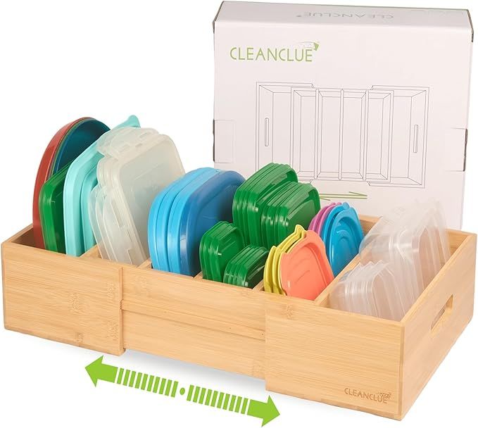 Expandable Kitchen Cabinet Organizer for Food Storage Container Lids, Bamboo Drawer Caddy Adjusta... | Amazon (US)