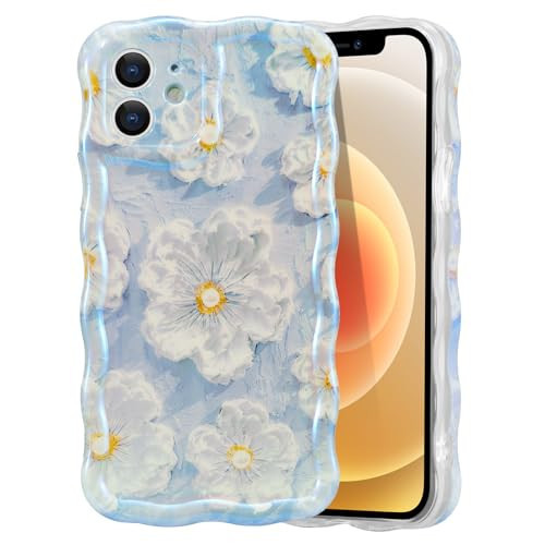EYZUTAK Case for iPhone 12, Colorful Retro Oil Painting Flower Laser Glossy Pattern Cute Curly Wave Border Exquisite Phone Cover Stylish Durable TPU Protective Case for Girls Women - Light Blue | Amazon (US)