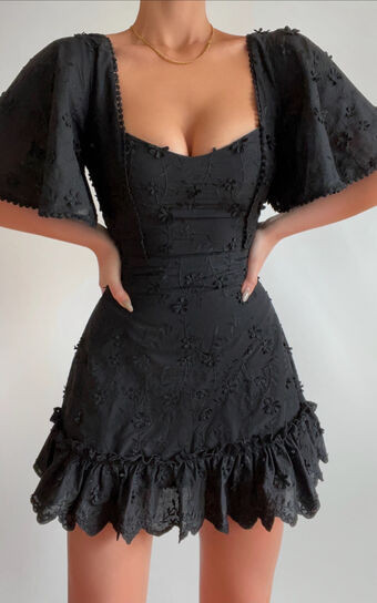 Fancy A Spritz Mini Dress - Square Neck Dress in Black Embroidery | Showpo (US, UK & Europe)