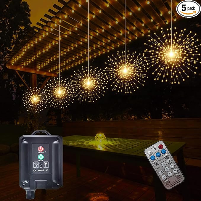 5 Pcs 1000LED Solar Starburst Sphere Lights,Firework Light Remote Control Timer 8 Modes Dimmable ... | Amazon (US)