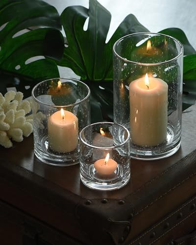 ARIAMOTION Glass Candle Holders Set, Hurricane Vase Centerpieces for Pillar Votive Flower,Clear Seeded Bubbles Cylinder Bulk, Mother's Day Birthday Gift,3 Sizes 8 Inch 5 Inch 3.5 Inch Height | Amazon (US)