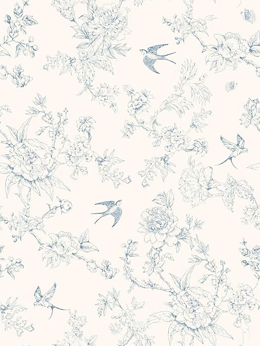 Simon&Siff Blue and Cream Wallpaper Peel and Stick Vintage Floral Birds Contact Paper Removable S... | Amazon (US)