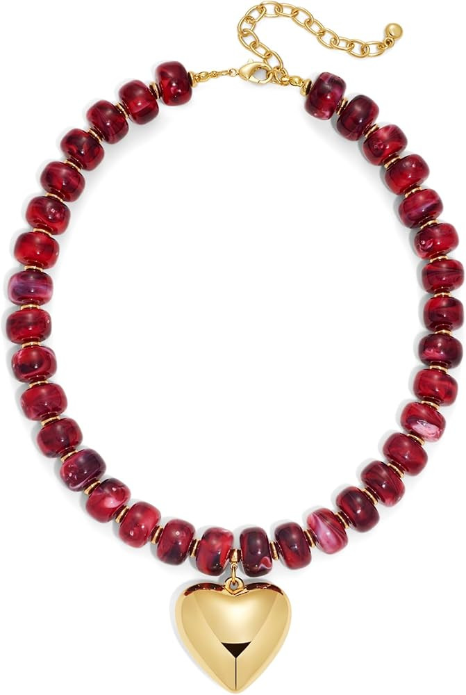 WOWORAMA Chunky Heart Necklaces for Women Colorful Resin Beaded Choker Necklace Gold Puffy Heart ... | Amazon (US)