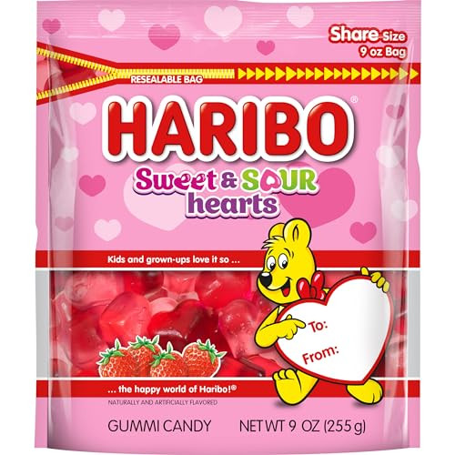 HARIBO Gummi Candy, Sweet & Sour Strawberry Hearts Gummy Candy, 9 Ounce Resealable Share Size Bag, Delicious Soft & Chewy Snacks, Valentine's Day Limited Edition | Amazon (US)