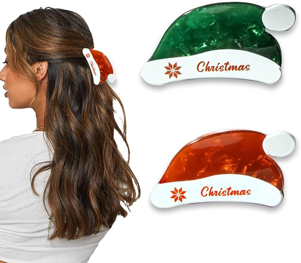 Christmas Hair Clips for Women Girls Cute Xmas Hat Shape Hair Accessories Red Green Hair Barrettes Claws for Thin Thick Hair Christmas Party Hair Decoration Supplies, 2 PCS | Amazon (US)